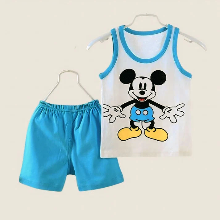 White cartoon mouse sleeveless top and blue shorts kids two-piece set