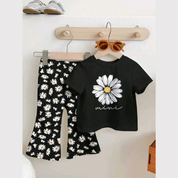 Girls Black Daisy Mini Top & Flared Pants Set