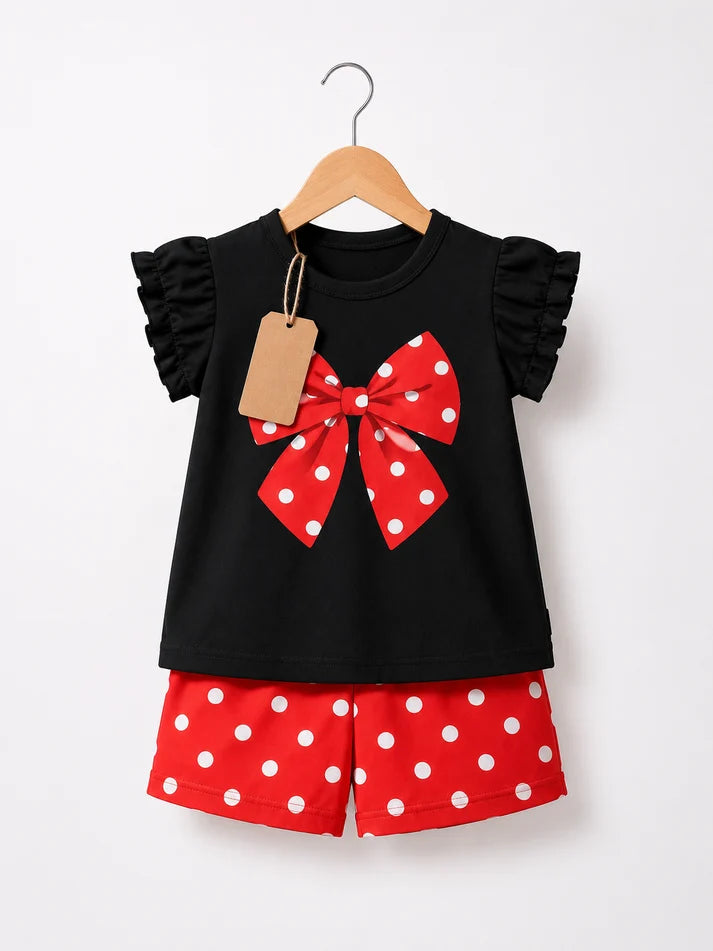 Girls Black Ruffle Sleeve Bow Top & Red Polka Dot Shorts Set
