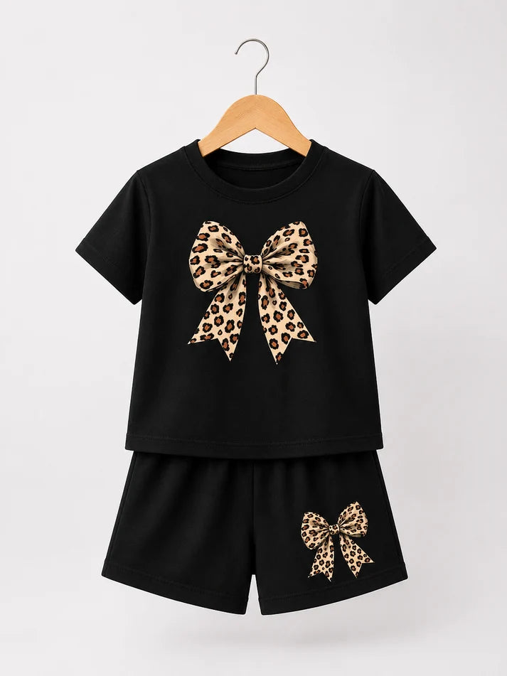 Girls Black Leopard Bow T-Shirt & Shorts Set