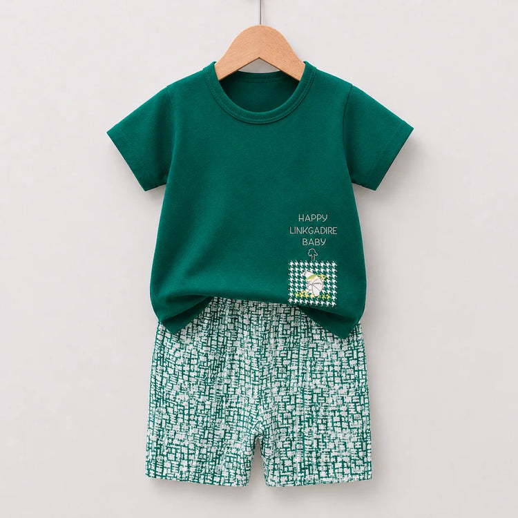 Green short-sleeve boys T-shirt with coordinating printed shorts