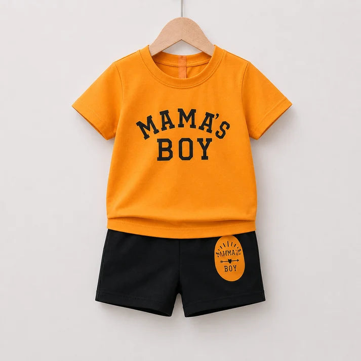 Kids Mama’s Boy Orange T-Shirt & Black Shorts Set