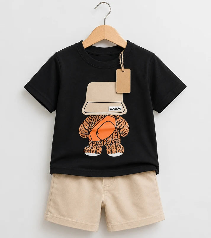 Kids Cool Bucket Hat Bear Graphic Tee & Khaki Shorts Set – Black & Beige
