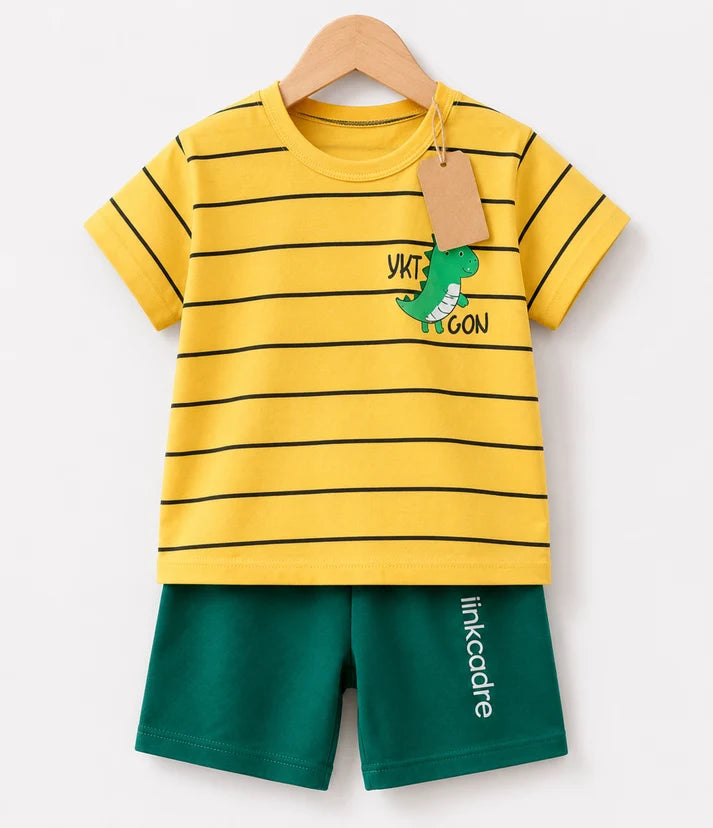 Kids Yellow Striped Dinosaur T-Shirt & Green Shorts Set