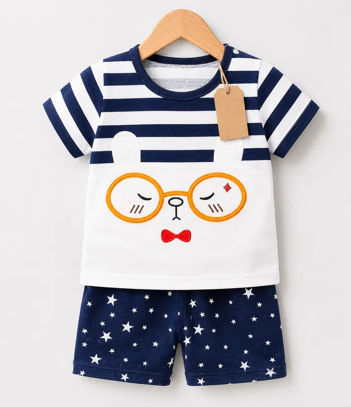 Striped Animal Face Kids T-Shirt & Star Shorts Set