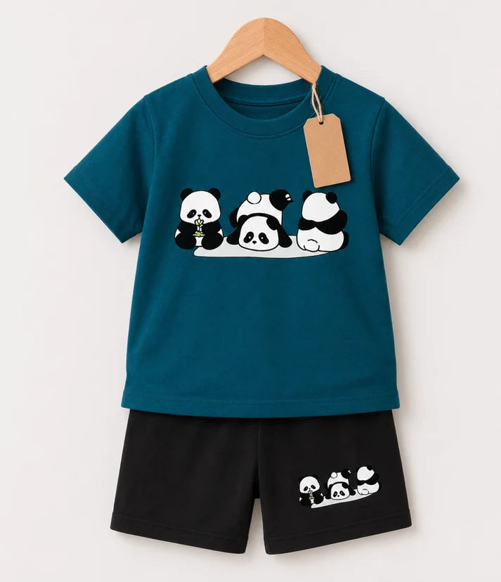 Kids Panda Print T-Shirt & Shorts Set – Teal and Black