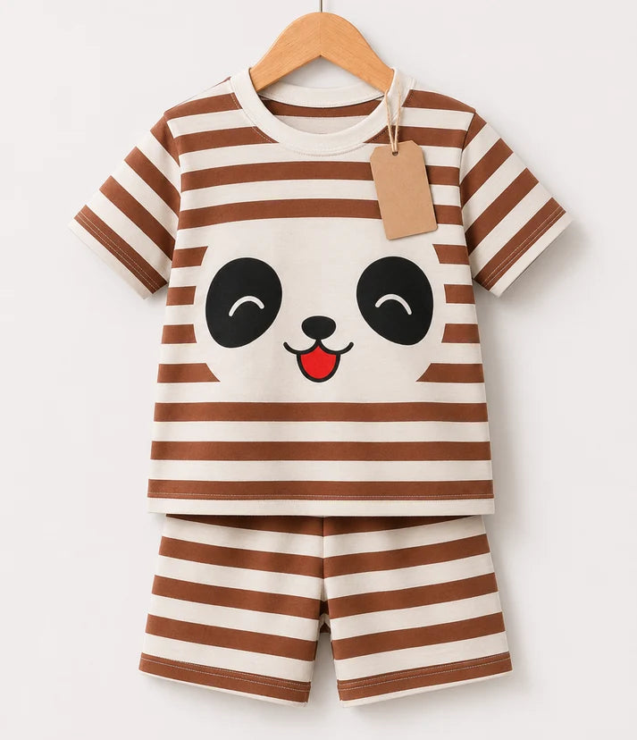 Original photo of brown and cream striped panda T-shirt and shorts