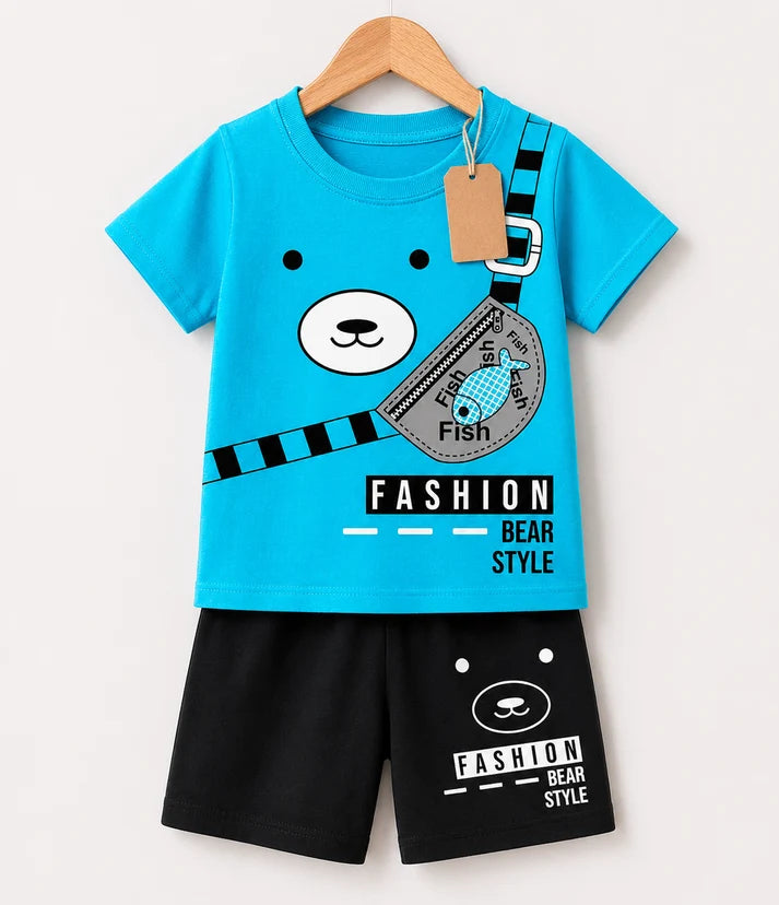 Kids Turquoise Bear Graphic T-Shirt & Black Shorts Set