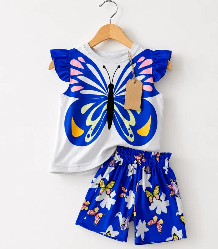 Girls Blue Butterfly Wing Top & Floral Shorts Set