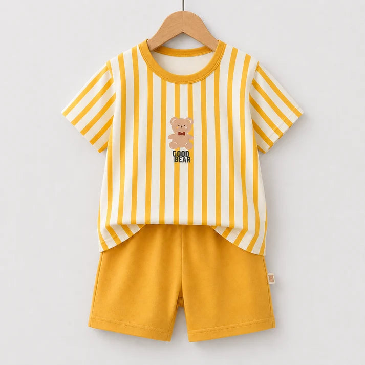 Kids Good Bear Striped Tee & Shorts Set – Mustard Yellow