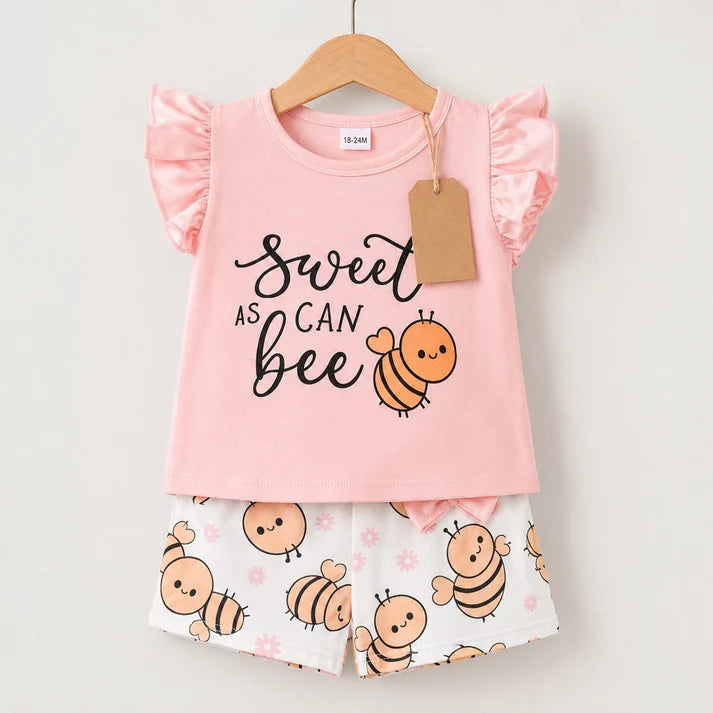 Girls Pink Sweet as Can Bee Top & Bee Print Shorts Set
