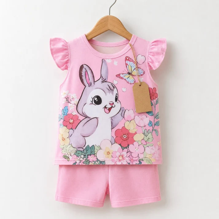 Pink Bunny & Flowers Kids Top and Shorts Set