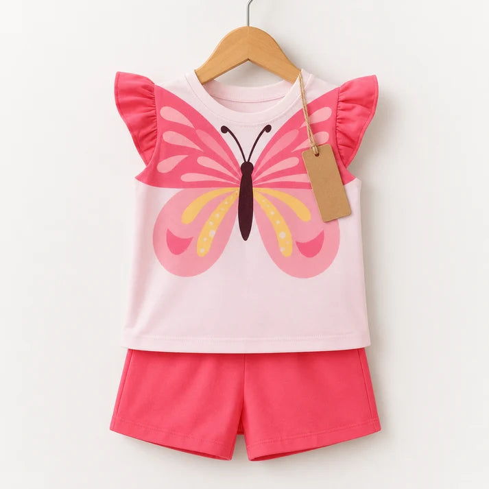Girls Pink Butterfly Ruffle Top & Coral Shorts Set