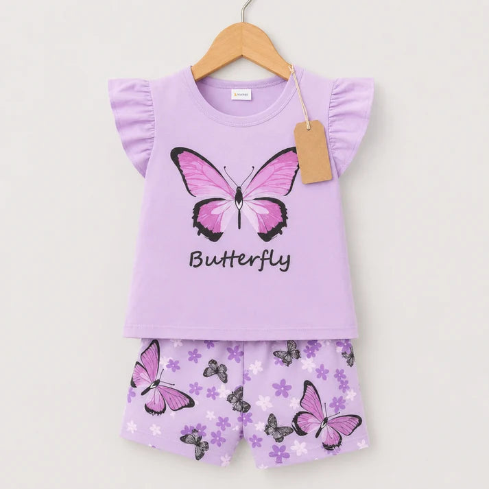Lavender Butterfly Ruffle Sleeve Top & Shorts Set