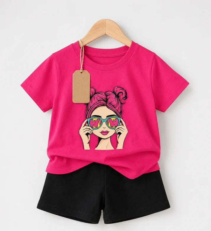 Kids Pink Sunglasses Graphic T-Shirt & Black Shorts Set