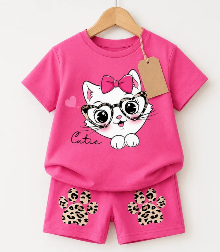 Girls Pink Cutie Kitty T-Shirt & Leopard Paw Shorts Set