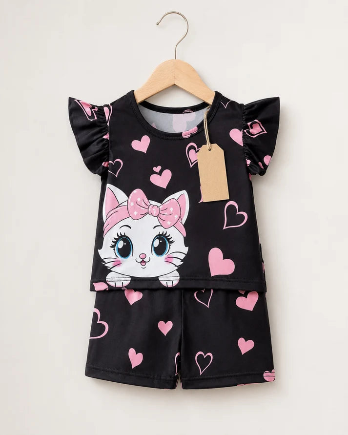 Girls Kitty Heart Print Flutter Sleeve Top & Shorts Set – Black & Pink