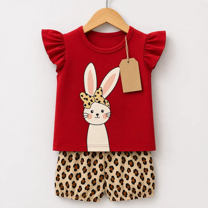 Girls Red Bunny Flutter Sleeve Top & Leopard Shorts Set