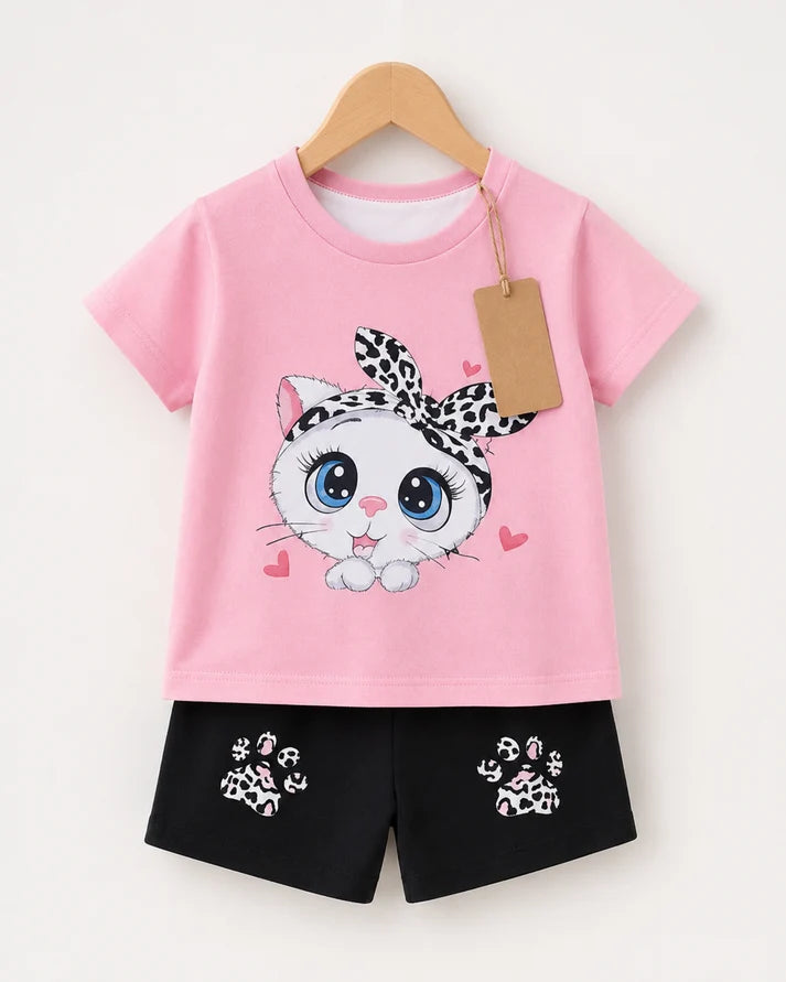 Girls Cute Kitty Graphic Tee & Leopard Paw Print Shorts Set – Pink & Black
