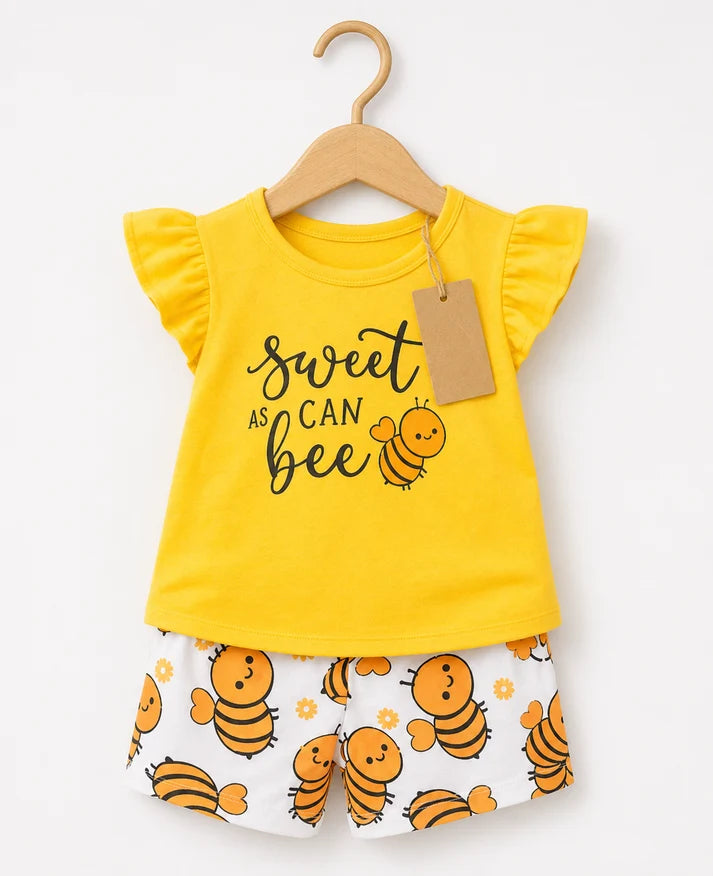 Girls Sweet as Can Bee Yellow Top & Bee Print Shorts Set