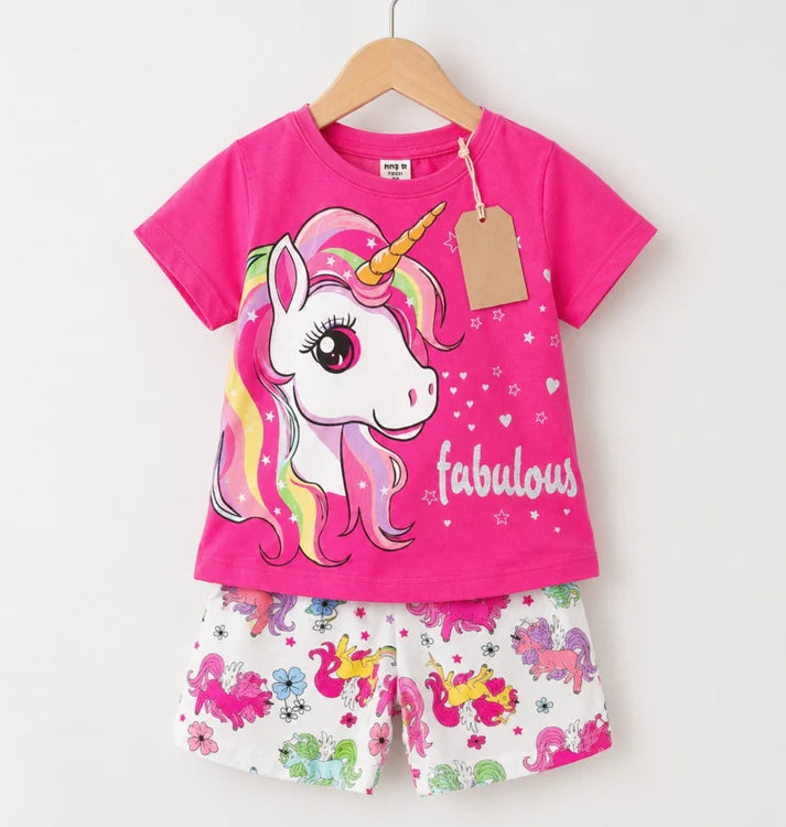 Girls Fabulous Unicorn Graphic Tee & Unicorn Print Shorts Set – Hot Pink