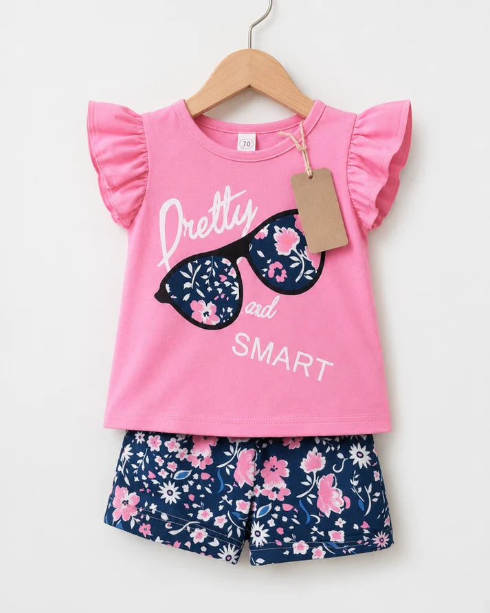 Girls Pretty & Smart Sunglasses Flutter Sleeve Top & Floral Shorts Set – Pink & Navy