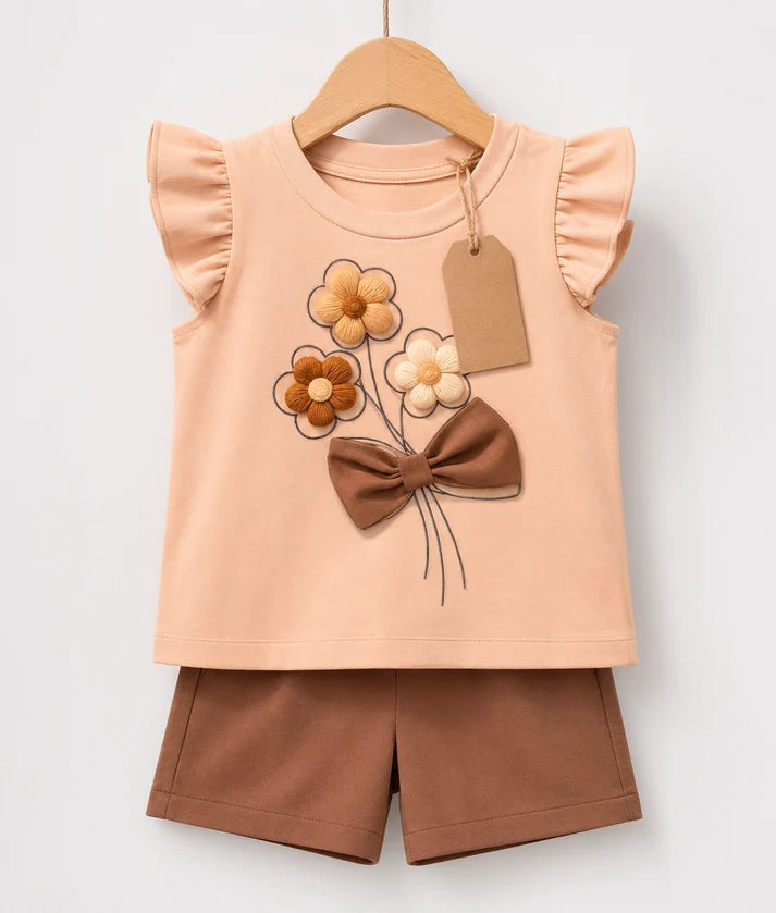 Girls Floral Bow Flutter Sleeve Top & Shorts Set