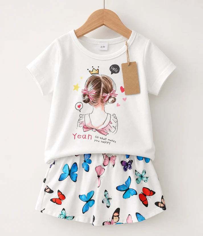 Girls "Go What Makes You Happy" Graphic Tee & Butterfly Print Shorts Set