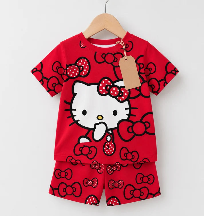 Red Cat & Bow Print Top and Shorts Set