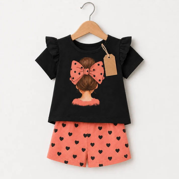Girls Black Bow Graphic Top & Coral Heart Shorts Set
