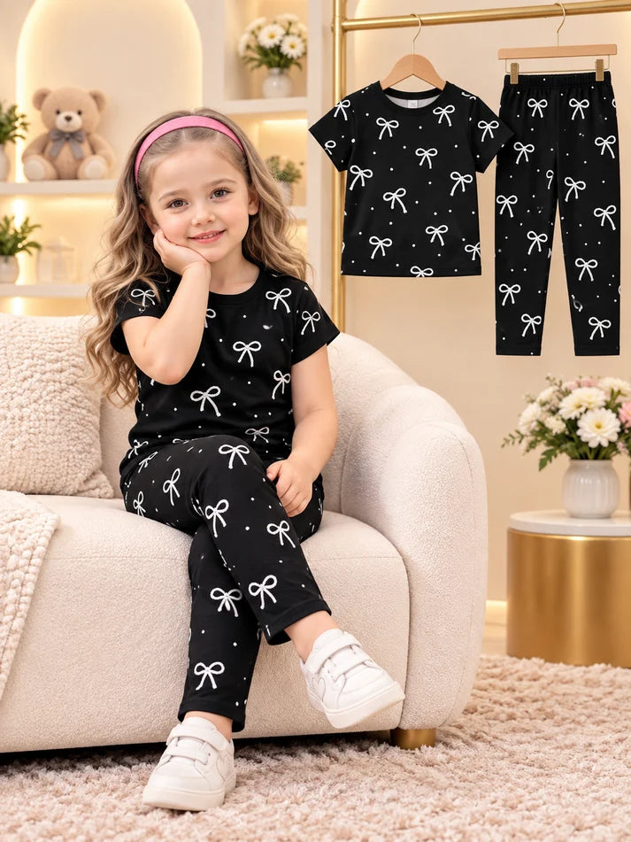 Girls Black Bow Print Top & Pants Set