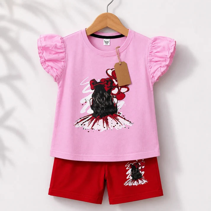 Girls Pink Graphic Flutter Sleeve Top & Red Shorts Set