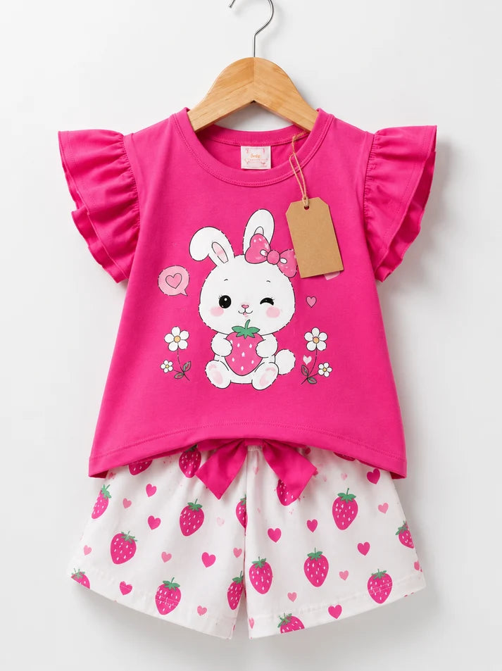 Girls Pink Bunny Flutter Sleeve Top & Strawberry Shorts Set