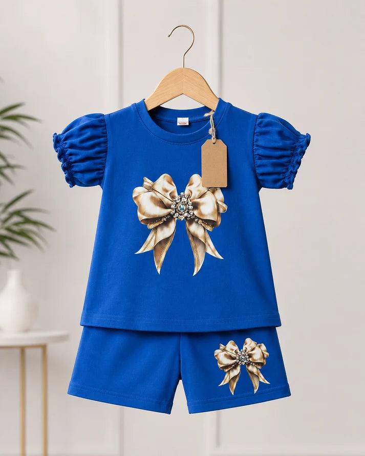 Girls Royal Blue Puff Sleeve Bow Top & Shorts Set