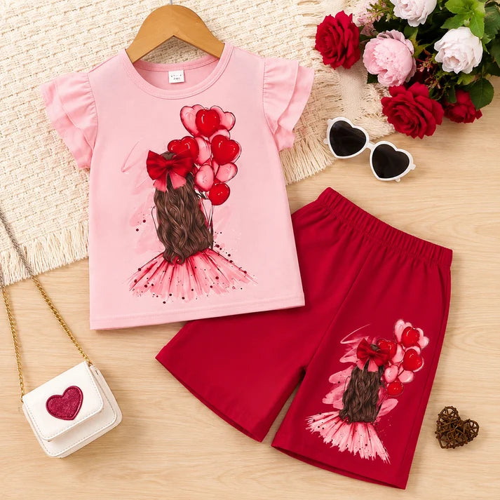 Girls Heart Balloon Graphic Pink Top & Red Shorts Set