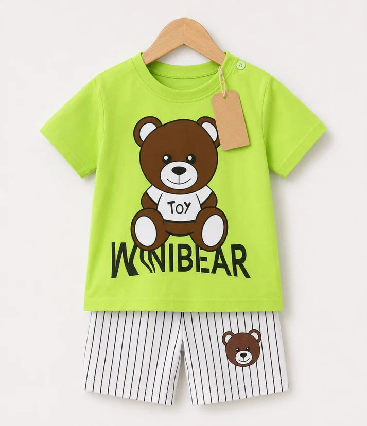Kids Lime Green Teddy Bear T-Shirt & Striped Shorts Set