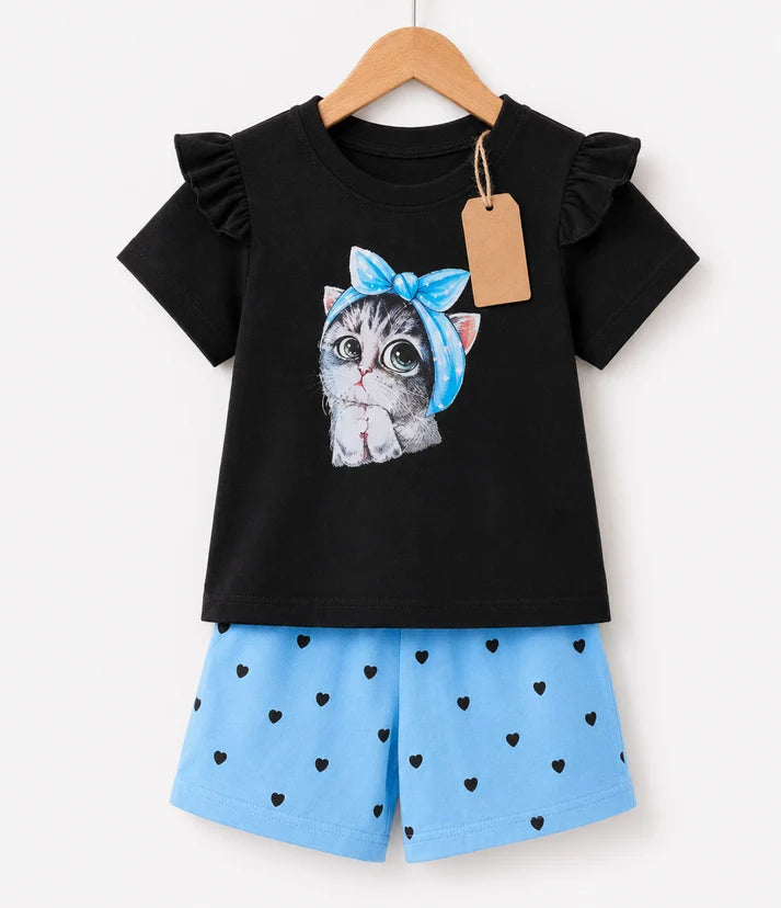 Girls Black Kitten Bow Top & Blue Heart Shorts Set