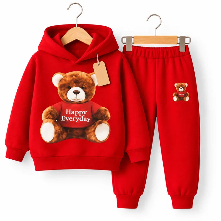 Red kids winter hoodie and jogger pants set with teddy bear prints