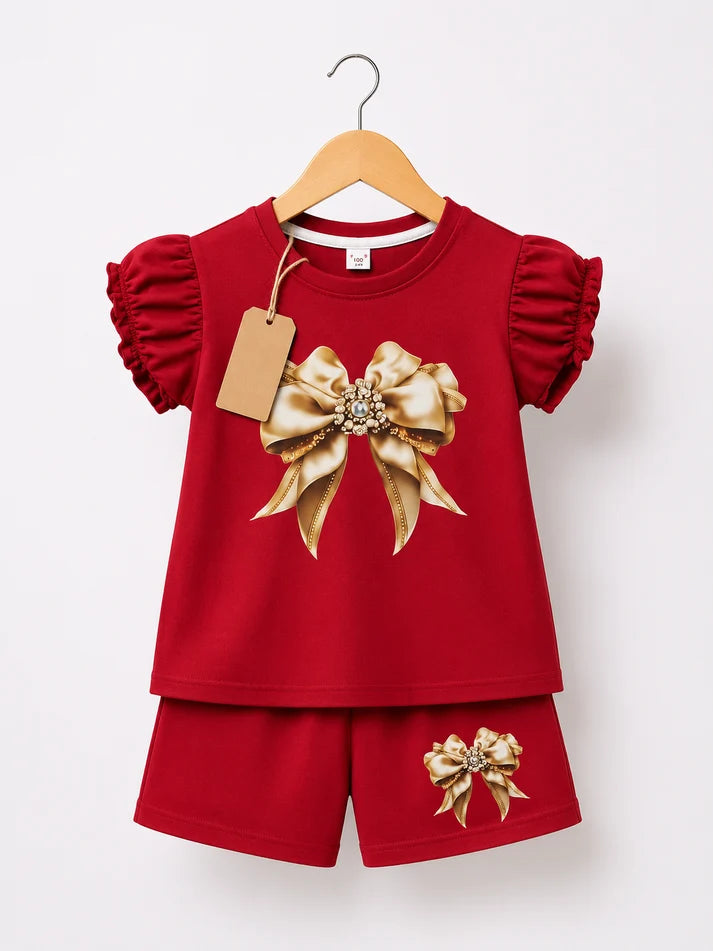 Girls Red Puff Sleeve Gold Bow Top & Shorts Set