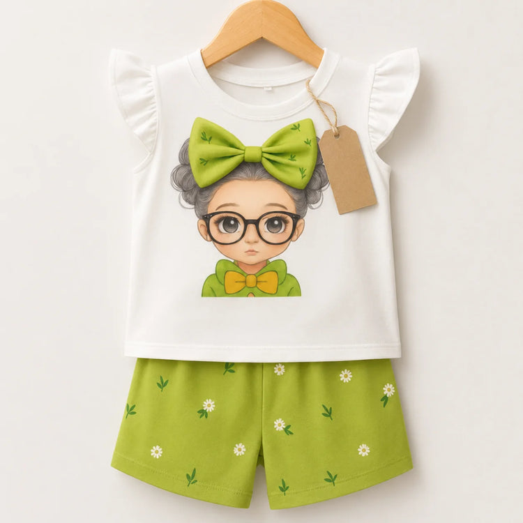 Girls Cute Bow & Glasses Printed Flutter Sleeve Top with Floral Shorts Set (3Month - 6 Years)