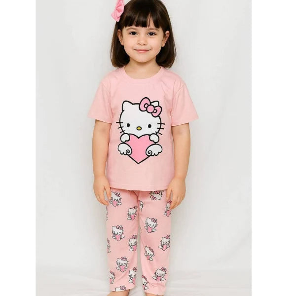 Cute Cat Girls 2-Piece Pajama Set – Pink Graphic Tee & Printed Capri Pants