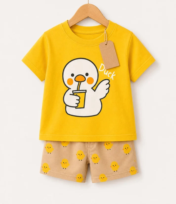 Yellow Duck Kids T-Shirt & Chick Print Shorts Set