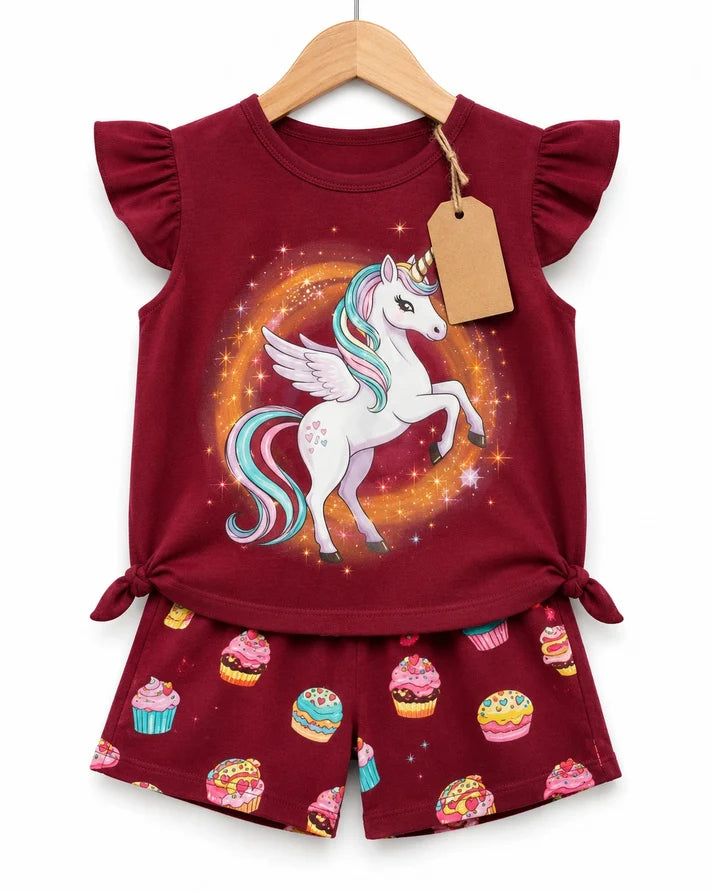 Girls Burgundy Unicorn Flutter Top & Cupcake Shorts Set