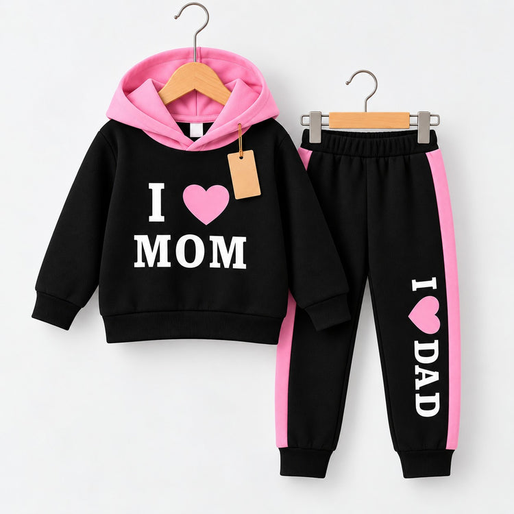Black hoodie with pink hood and I love Mom chest print, with black joggers featuring pink stripes and I love Dad lettering