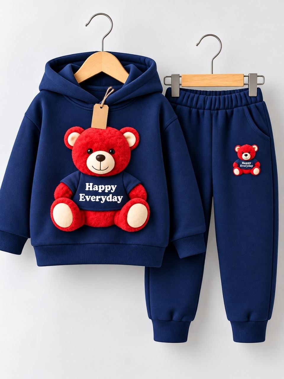 Navy hoodie with red Happy Everyday teddy-bear appliqué and matching navy joggers with a small red teddy motif