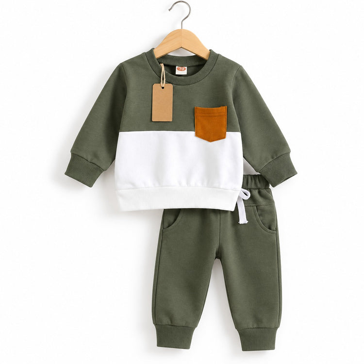 Olive-and-white colour-block sweatshirt with mustard-brown chest pocket and olive drawstring joggers