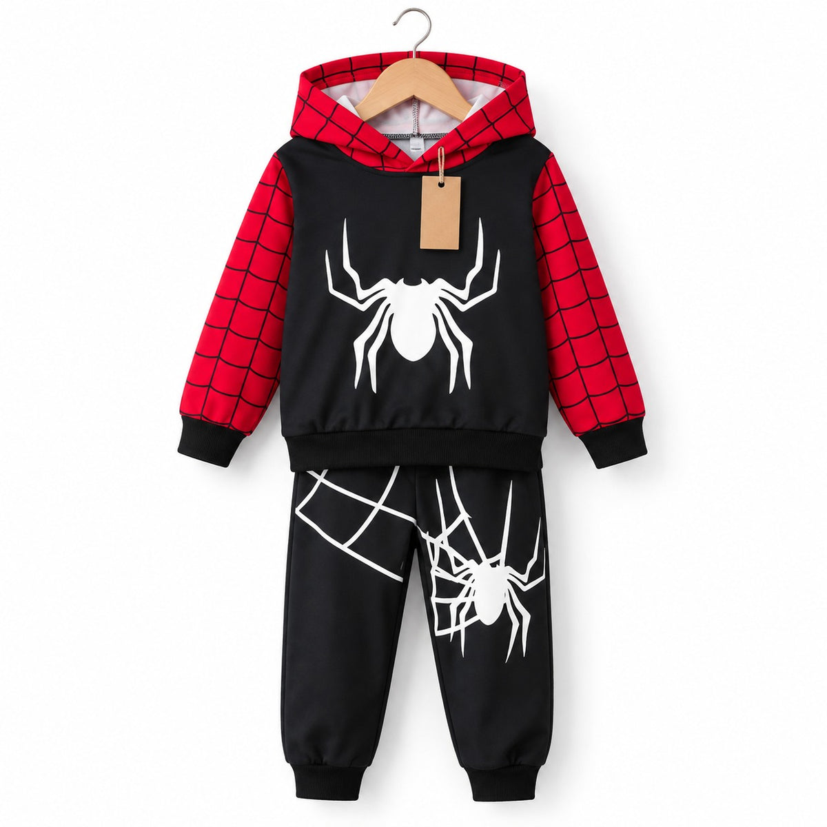 Black hoodie with red web-patterned hood and sleeves and white spider graphic, with matching black printed joggers