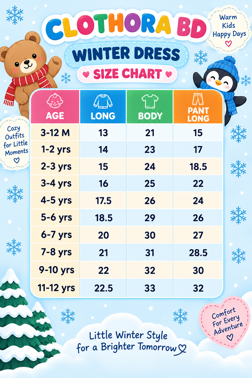 Clothora BD winter size chart