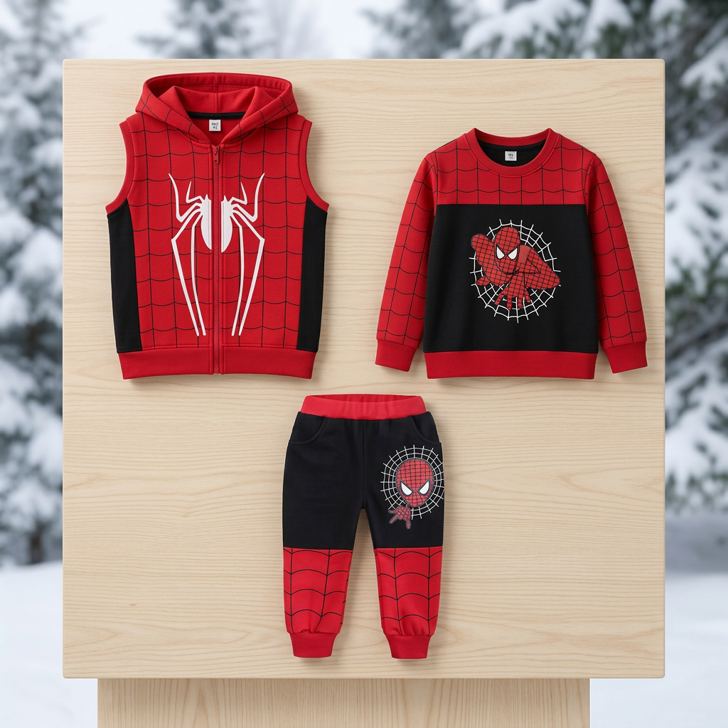 Red sleeveless hooded vest, matching long-sleeve top and black-and-red trousers in a winter catalog setting
