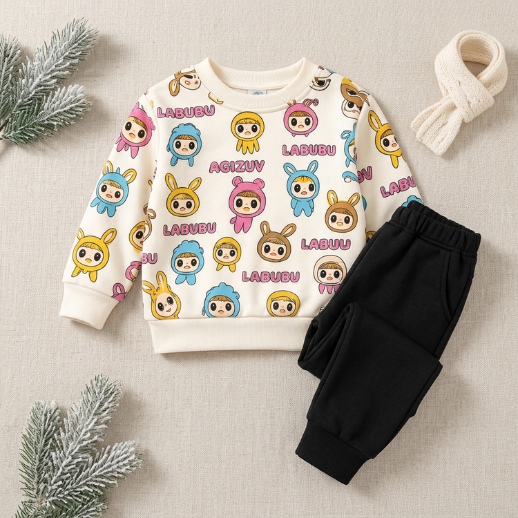 Cream children's sweatshirt with colourful cartoon prints and black joggers in a winter catalog setting